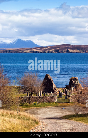 Die Überreste einer alten Kapelle und Friedhof off nur einspurigen Straße in Laide, in der Nähe von Gairloch, Wester Ross, Schottland Stockfoto