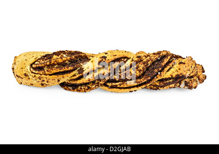 Brot-Pone mit Mohn und Zucker Glasur isoliert auf weißem Hintergrund Stockfoto