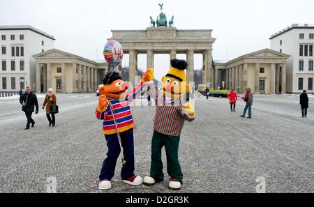 Zwei Personen gekleidet wie Ernie (L) und Bert Sesame Street vor dem Brandenburger Tor in Berlin, Deutschland, 24. Januar 2013 stehen. vor 40 Jahren uraufgeführt Ernie und Bert im deutschen Fernsehen. Foto: Sven Hoppe/Alamy live-Nachrichten. Stockfoto