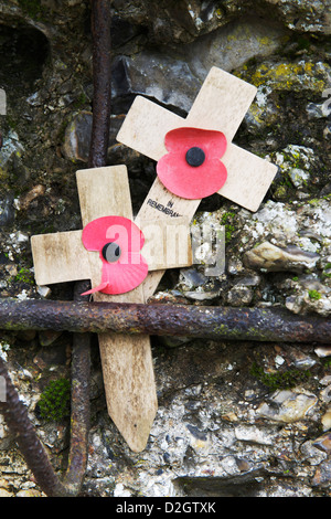 Sitzen zwei in Erinnerung Kreuze mit Mohnblumen auf Moos bedeckt Stein bei der Commonwealth Gräber Kommission Soldatenfriedhof in der Normandie Stockfoto