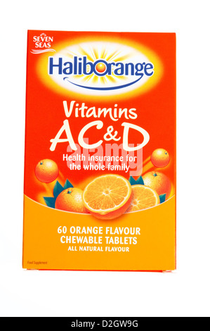 Eine Schachtel mit Haliborange Vitamine A C & D - ein Vitaminpräparat in Tablettenform. Besonders zu empfehlen für Kind / Familie zu verwenden. Stockfoto