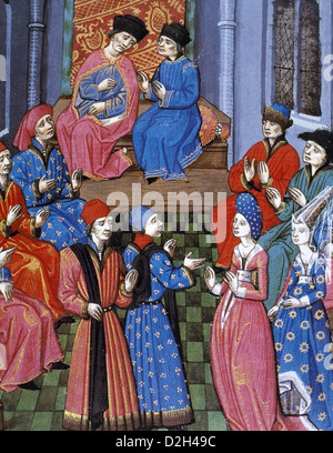 Sitzung des römischen Senats. Diskussion über die Ehe zwischen einer plebejischen Frau und eine römische Patrizier. Mittelalterliche Miniatur. Stockfoto