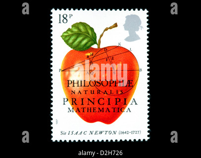 eine 1987 UK britische Briefmarke zum Gedenken an Sir Isaac Newton, der Apfel und die Entdeckung der Schwerkraft Stockfoto