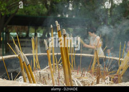 Buddhistische ritual Räucherwerk Angebote in einer Pfanne am Eingang des Po Lin Kloster, Ngong Ping, Lantau Island, Hong Kong, China platziert Stockfoto