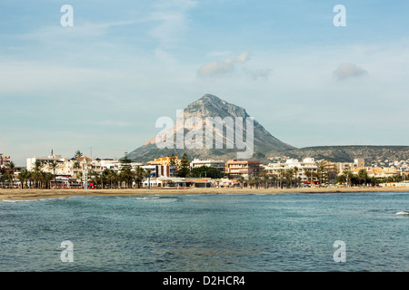 Blick auf den Montgo von Arenal Beacch, Javea Stockfoto