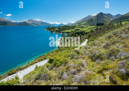 Die Glenorchy Queenstown Straßenlauf durch Ackerland und zwischen Lake Wakatipu und die Berge Die Glenorchy Queenstown Straßenlauf durch Ackerland und zwischen Lake Wakatipu und die Berge