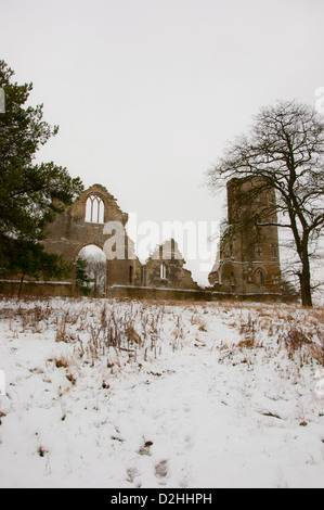 Wimpole Torheit Gothic-Ära Ruinen im Schnee gotischen Turm Stockfoto