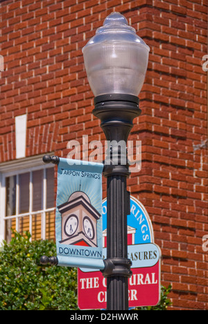 Innenstadt von Tarpon Springs Flagge am Laternenpfahl in Tarpon Springs, Florida Stockfoto