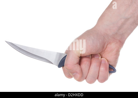 Messer in der Hand auf einem weißen Hintergrund isoliert Stockfoto