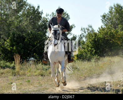 spanischer Mann in den Vierzigern und seine weiße andalusische Wallach draußen auf dem Land in den Bergen der Costa Blanca Stockfoto