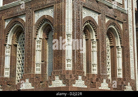 Nahaufnahme von Inschriften auf Eingangsbogen, Alai Darwaza von Alauddin Khilji, 1311 AD gebaut.  Qutb Minar-Komplex, New Delhi-Indien Stockfoto