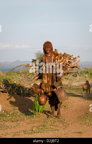 Hamar Frau mit Holz und Kürbisse Stockfoto