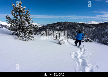 Blaue Weibchen Schneeschuhwandern, Plateau de Beille, Ariege Stockfoto