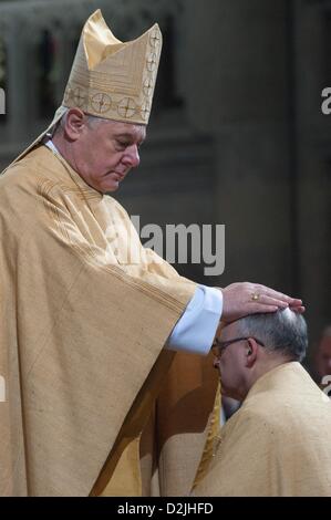 Erzbischof Gerhard Ludwig Mueller (L) legt seine Hände auf den Kopf des neuen Bischofs von Regensburg, Rudolf Voderholzer, und segnet ihn am Regensburger Dom in Regensburg, Deutschland, 26. Januar 2013. Etwa sechs Wochen nach seiner Ernennung 53-jährigen wurde Vorderholzer gesalbt den 78. Bischof von Regensburg. Foto: ARMIN WEIGEL Stockfoto