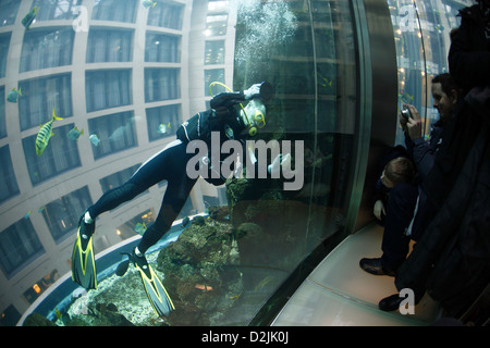 Berlin, Deutschland, bei Tauchern Aquadom Sealife, die aus dem Aufzug fotografiert Stockfoto