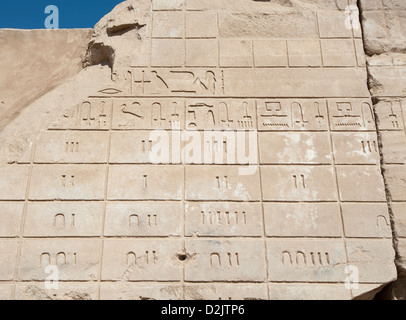 Alte ägyptische Hieroglyphen Schnitzereien an der Tempelwand von Karnak in Luxor Stockfoto