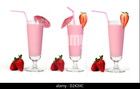 Erdbeeren Milch-Shake und frisches Obst Erdbeere. Cocktail mit Milch. Weiß isoliert Glas Milchshake. Stockfoto