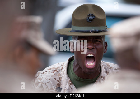 Ein US-Marine Drill Instructor an Bord Marine Corps zu rekrutieren Depot San Diego bellt Anweisungen an seinen Zug von frischen Rekruten 30. August 2012 in San Diego, Kalifornien. Stockfoto