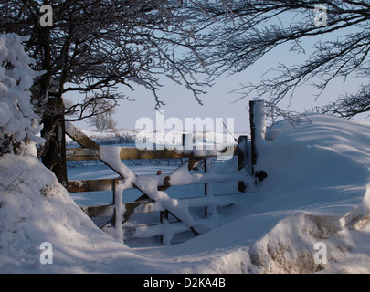 Hölzerne Feld Tor im Schnee, Exmoor, UK, Januar 2013 Stockfoto