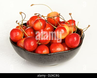 Schüssel voller Kirschen, die isoliert auf weißem Hintergrund Stockfoto