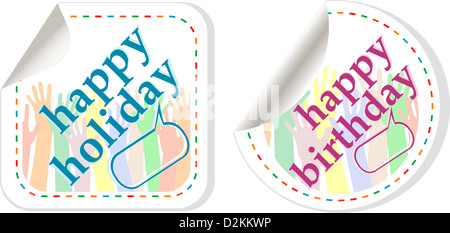 Glücklich Geburtstag und Ferien-Aufkleber in Form von Sprechblasen Stockfoto