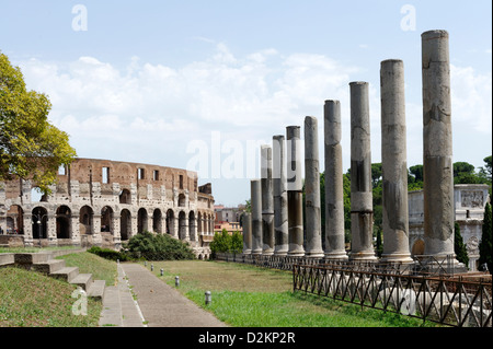 Rom. Italien. Ansicht des neu errichteten Säulen des monumentalen Tempel der Venus und Roma komplexes auf dem Forum Romanum. Stockfoto