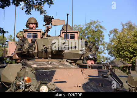 Schützenpanzer während einer Militärparade durch australische Soldaten der Rückkehr aus dem Irak-Krieg. Darwin, Australien. Stockfoto