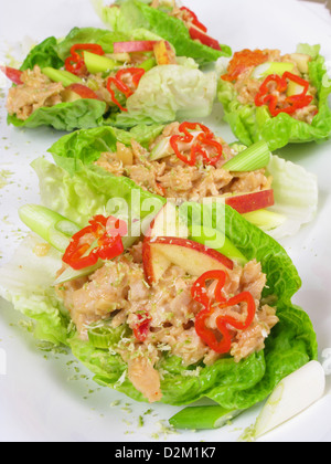 Kanapees würzigen Krönung Huhn in Salat Boote mit Mandelsplitter, Chili, Apfel und Frühlingszwiebeln (Frühlingszwiebeln). Stockfoto
