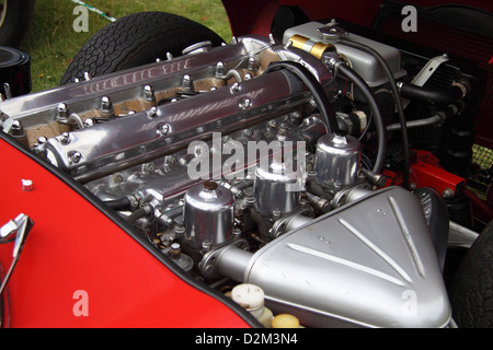 Ein Blick auf den Motor eines roten Jaguar E-TYPE, der auf einer Oldtimer-Show in Yorkshire zu sehen ist. Stockfoto