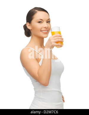 Frau mit Glas Saft Stockfoto