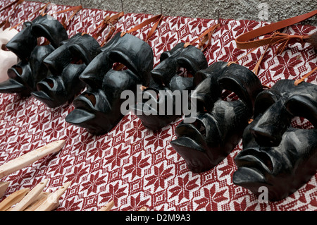 Traditionelle Holzmaske Mamuthones Mamoiada Karneval in einer Ausstellung, Barbagia, Sardinien, Italien, Europa Stockfoto