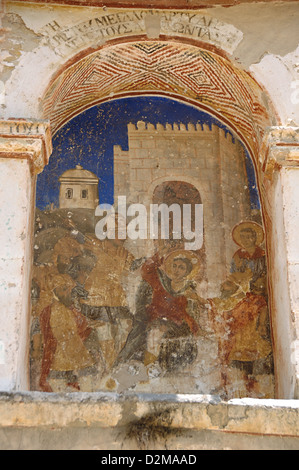 Griechenland. Mystras. Metropolitan Kirche des Hl. Demetrius (Agios Dimitrios). Wandmalerei. Szene leben von st. Demetrius. Stockfoto