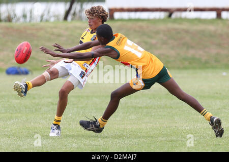 POTCHEFSTROOM, Südafrika - 28.Januar, Ben Davis (Maroubra, NSW) von der australischen Bumerangs in der AFL Spiel 1 match zwischen der fliegende Bumerangs und South African Lions unter 18 Mohadin Cricket Ground am 28. Januar 2013 in Potchefstroom, Südafrika-Foto von Roger Sedres / Bild SA Stockfoto