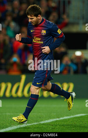 27.01.2013. Mou Camp, Barcelona, Spanien.  Lionel Messi (FC Barcelona) feiert nach seinem Tor in der Primera División-Fußballspiel zwischen FC Barcelona und CA Osasuna im Camp Nou Stadion in Barcelona, Spanien Stockfoto