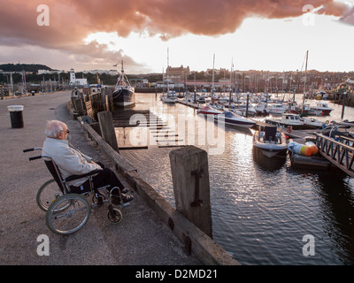 älterer Mann sitzt im Rollstuhl, Blick auf die Boote im Hafen Hafen Stockfoto