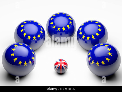 Große Europäische Union Flag Sphären Engstand Runde kleine British Union Flag - Europäische Union Beziehung Beziehungen Brexit Konzept Stockfoto