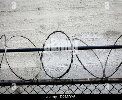 Stacheldraht auf Maschendrahtzaun Stockfoto