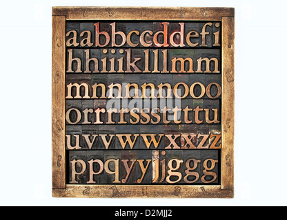 Holzkiste von Vintage Buchdruck Alphabet Druckstöcke von Farbe Farben gebeizt Stockfoto