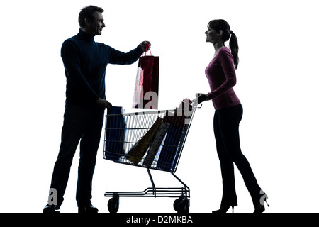 ein paar Frau Mann mit Warenkorb und Geschenke in Silhouette Studio isoliert auf weißem Hintergrund Stockfoto