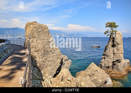 Holzsteg entlang der Küste und Felsen am Mittelmeer in der Nähe von Portofino in Ligurien, Italien. Stockfoto