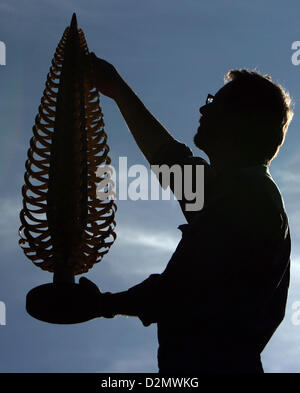 Mitarbeiter Sven Reichl ist im Bild mit Hand gefertigt Spanbaum in der Werkstatt der Seiffener Volkskunst eG im Erzgebirge, Deutschland, 20. Oktober 2008. Das Unternehmen wurde 1958 von Künstler-Handwerker aus Seiffen, gegründet, begann die traditionelle Holzschnitzereien Erzgebirge in 1959 zu produzieren. Das Erzgebirge künstlerische Holzschnitzereien Tradition reicht bis ins 17. Jahrhundert zurück. Foto: Ralf Hirschberger Stockfoto