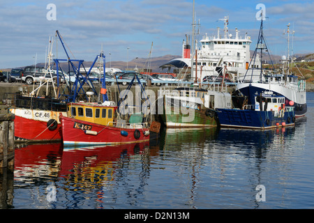 Angeln, Boote und Autofähre im Hafen Mallaig, Highlands, Schottland, Vereinigtes Königreich, Europa Stockfoto