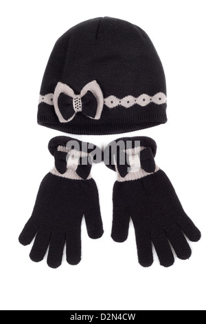 Handschuhe-Set und stricken Hut auf weißem Hintergrund Stockfoto
