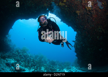 Taucher im kristallklaren Wasser der Karibik auf Curacao Stockfoto