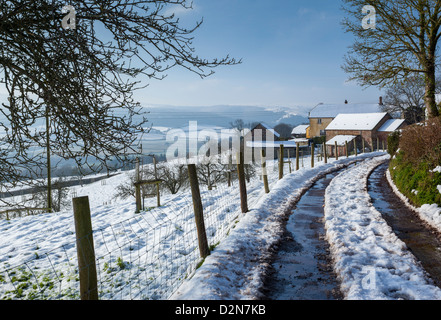 Verschneiten Weg zum Osten Lynch Bauernhof in der Nähe von Selworthy auf Exmoor Stockfoto