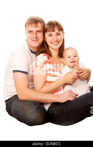 Glückliche Familie, Vater, Mutter und Baby lächelt. Isoliert auf weißem Hintergrund Stockfoto