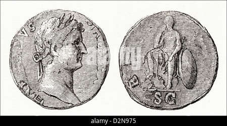Münze aus der Zeit der Roman Emperor Hadrian Victorian Holzschnitt, Kupferstich, ca. 1845 Stockfoto