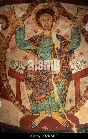 Romanik. Kirche der Heiligen Maria (Santa Maria). Pantokrator. Wandmalerei. Tarrasa, Provinz Barcelona, Katalonien, Spanien. Stockfoto
