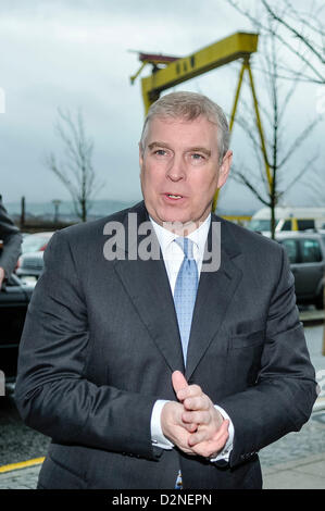 29. Januar 2013, Belfast, Nordirland. Prinz Andrew, der Herzog von York, im nördlichen Irland Wissenschaftspark. Stockfoto