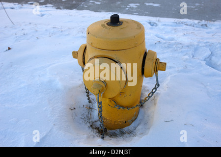 Mueller gelbe Hydranten im Schnee Saskatoon Saskatchewan Kanada Stockfoto